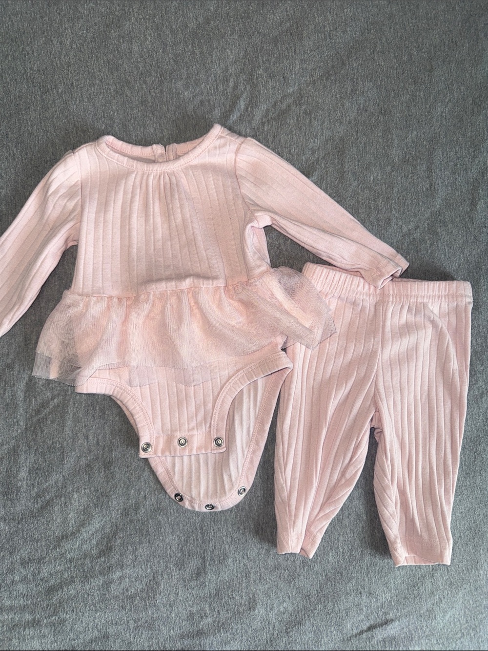 Baby Girl  Pink Ribbed Tulle Peplum Bodysuit & Pants